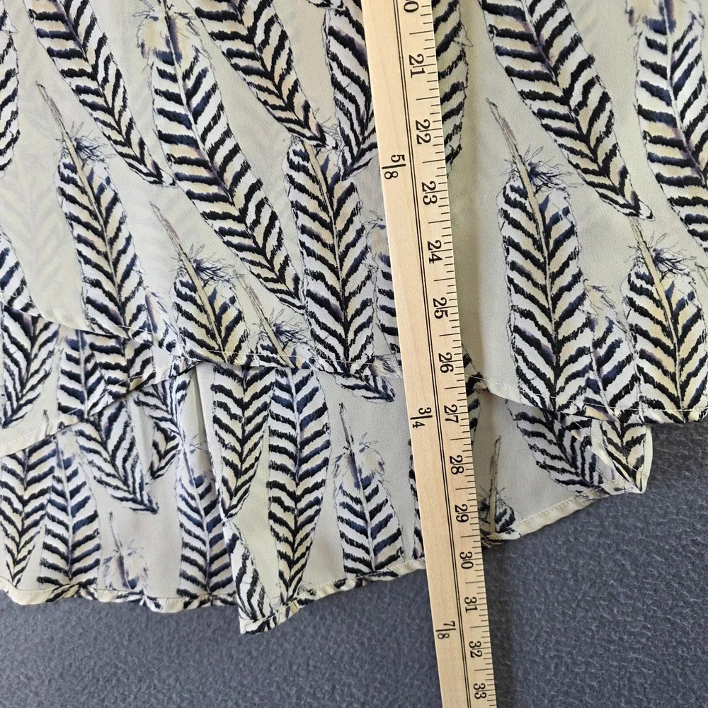 Karen Kane Womens M Feather Print Chiffon Blouse Tan Blue V-Neck Bell Sleeve